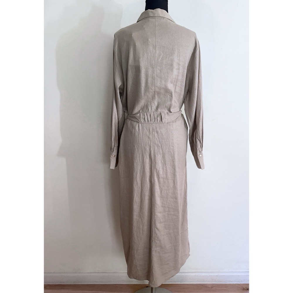 NWT Zara Linen Blend Long Sleeve Gold Buttondown Shirt  Khaki Tan Midi Dress M - Picture 6 of 14